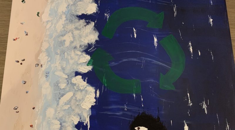 an image of our painting. showcases recycling, oil spills and littering. ocean landscape.