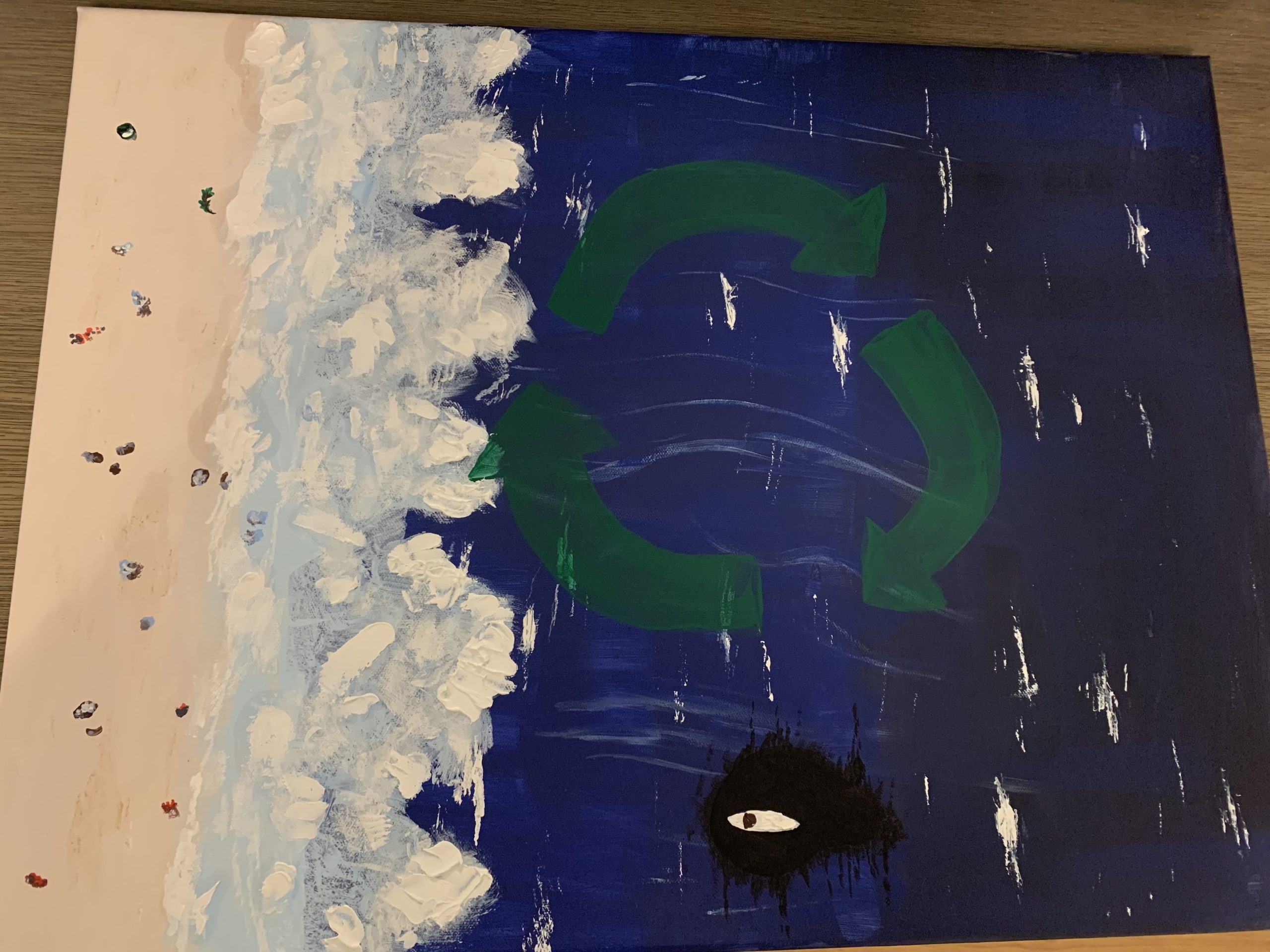 an image of our painting. showcases recycling, oil spills and littering. ocean landscape.